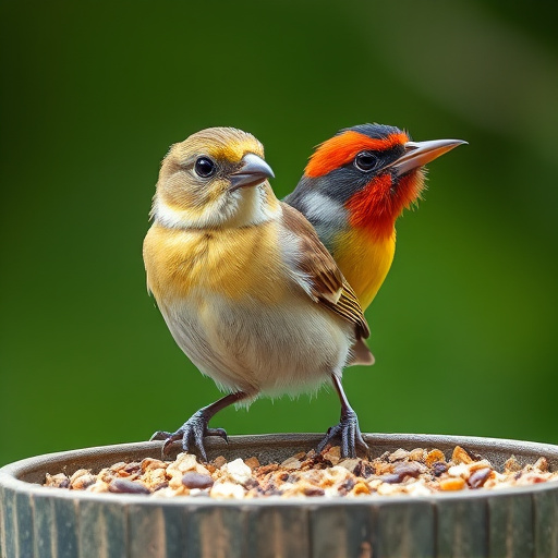 Wild birds enjoying mealworms outdoors