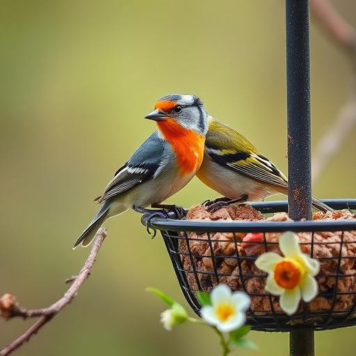 Wild birds pecking at fresh seeds