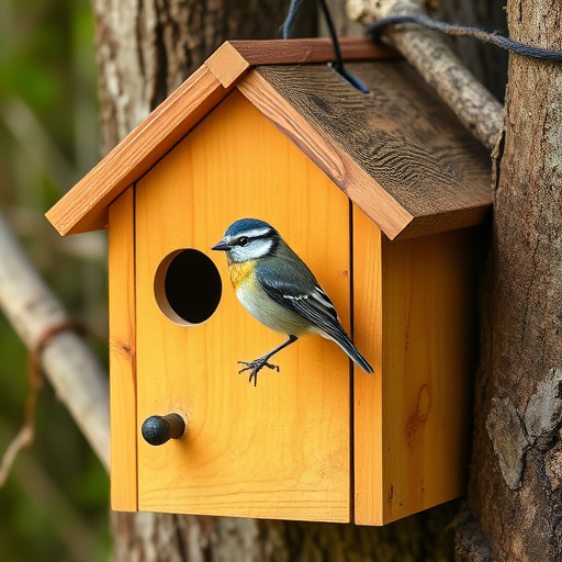Wooden bird box on tree branch