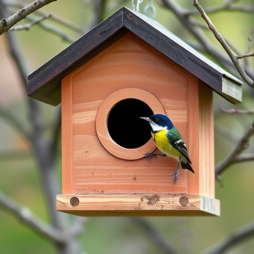 Wooden bird box on tree branch