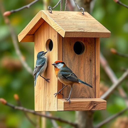 Wooden bird box on tree branch