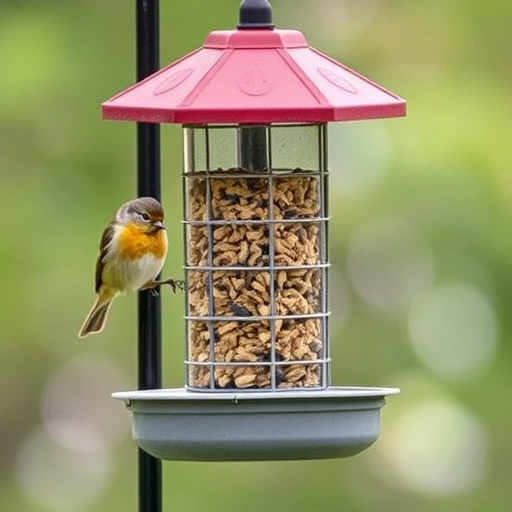 Wooden freestanding bird feeder on lawn