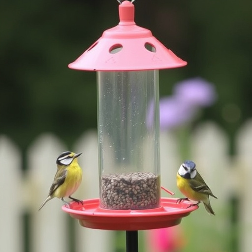 Wooden freestanding bird feeder on lawn