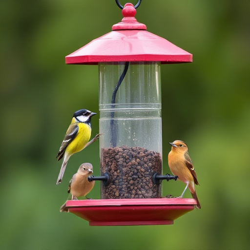 Wooden freestanding bird feeder on lawn