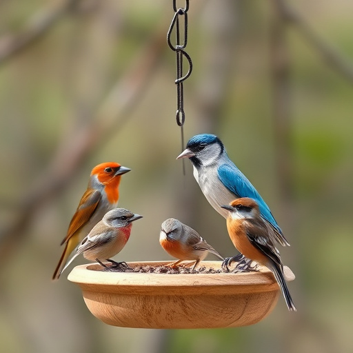 Wooden hanging bird table in tree