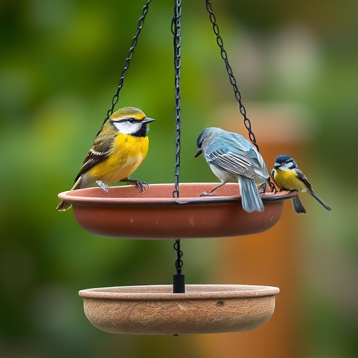Wooden hanging bird table in tree