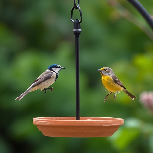 Wooden hanging bird table in tree