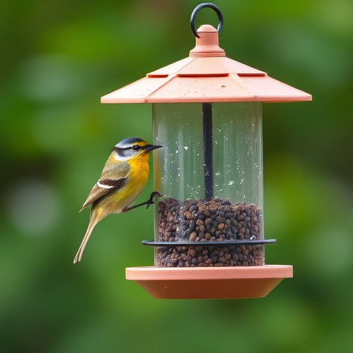 Wooden hanging bird table in tree