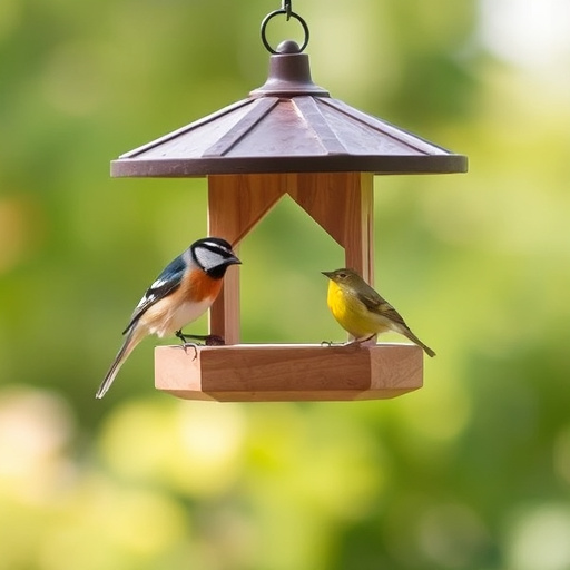 Wooden hanging bird table in tree