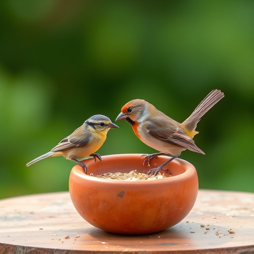 Wooden tray feeder surrounded by finches