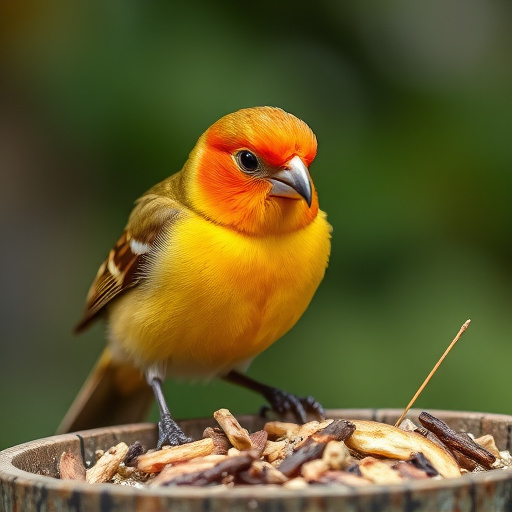 Wooden tray feeder surrounded by finches