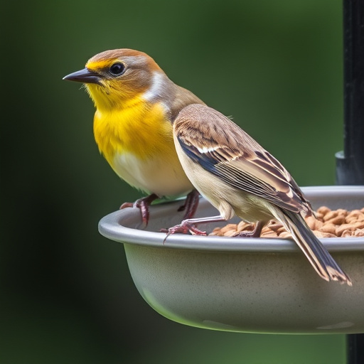 Wooden tray feeder surrounded by finches